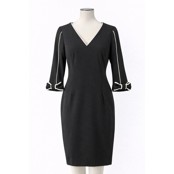 Calvin Klein Dresses & Skirts - Calvin Klein Sheath Dress Womens 4 Black Ivory Piping Bow Cuff V-Neck‎ Workwear
